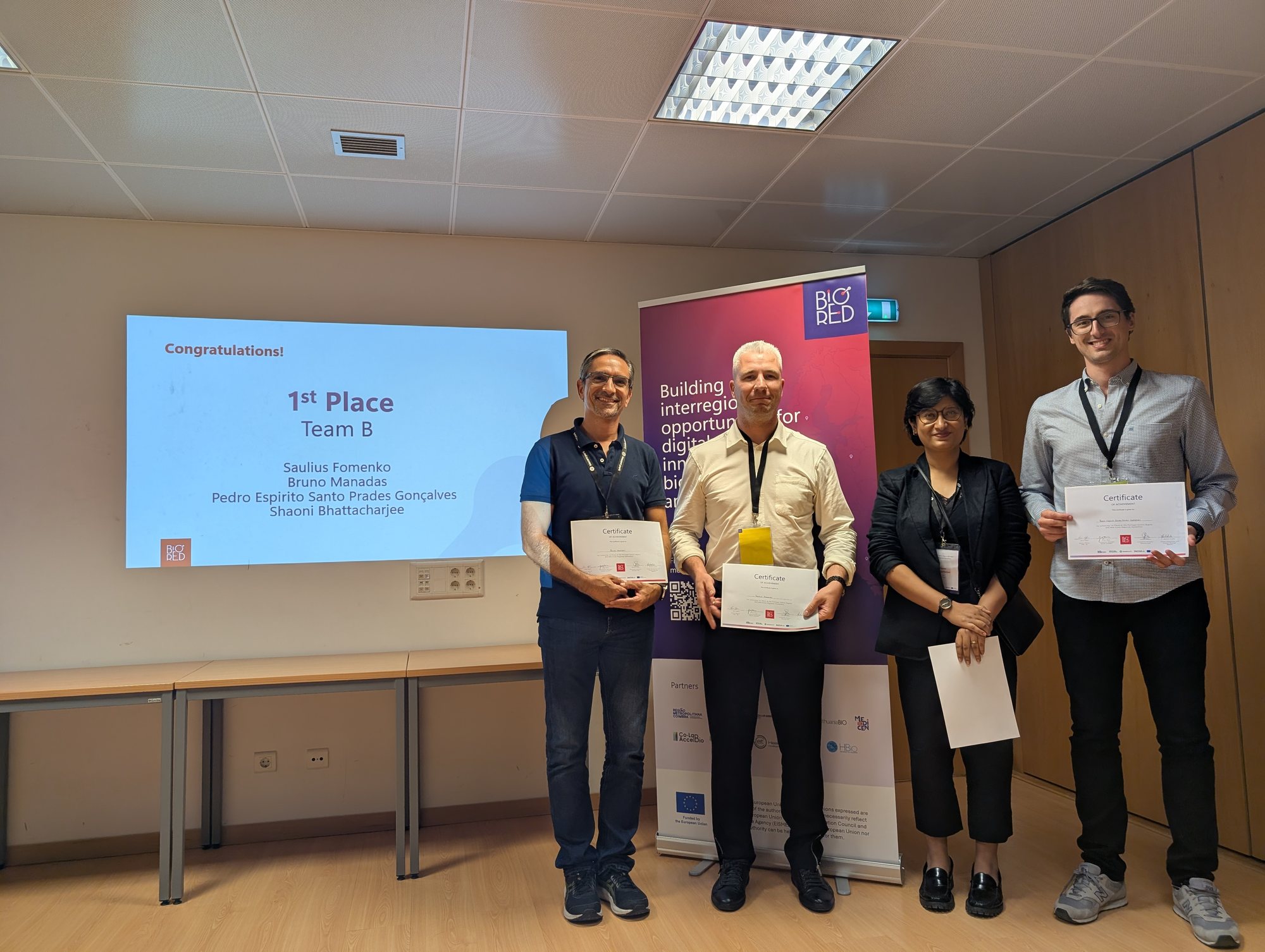 The RegBridge team receiving first-place recognition at the BIO-RED hackathon, Biocant Park, 29 September 2026.